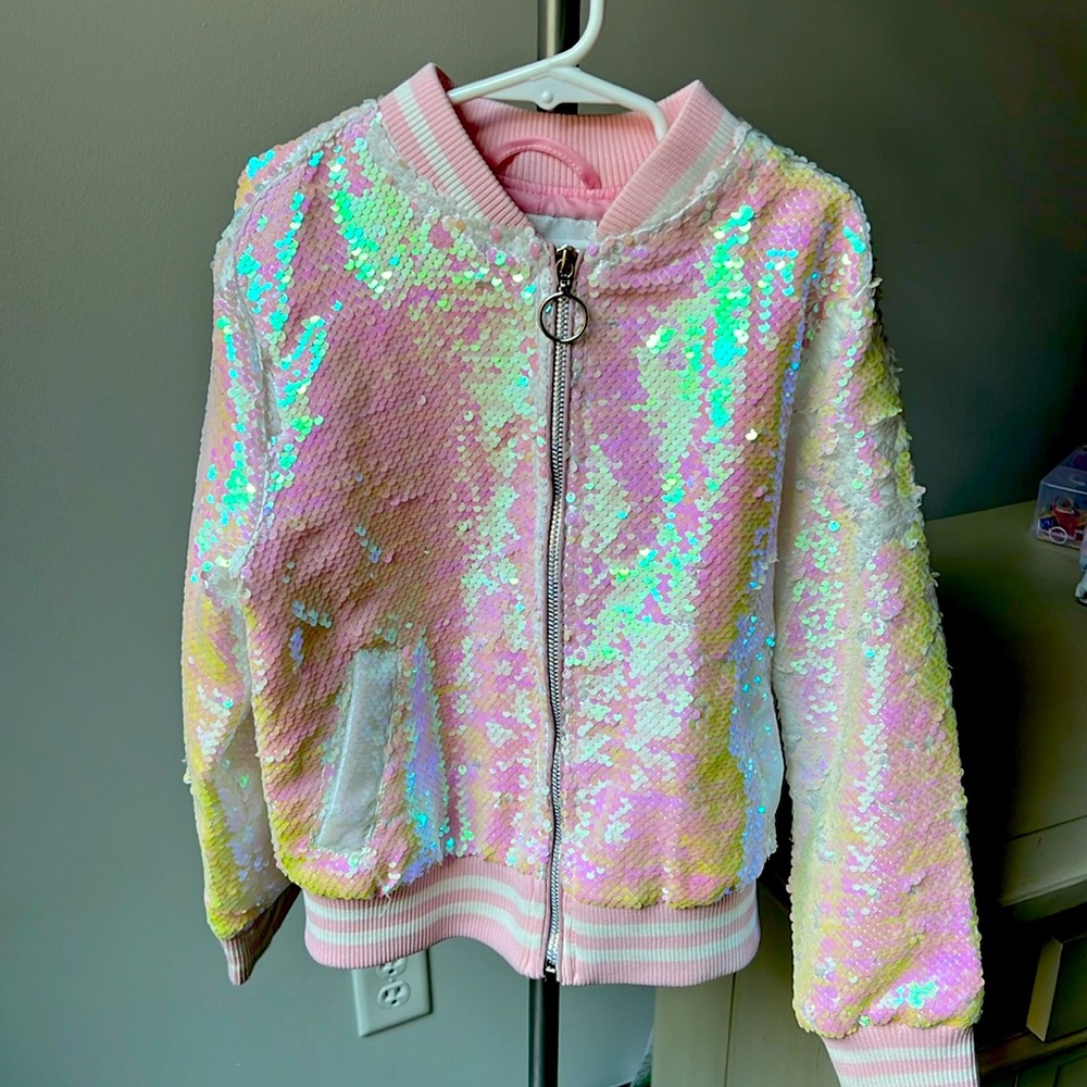 Pink and white sequin bomber jacket